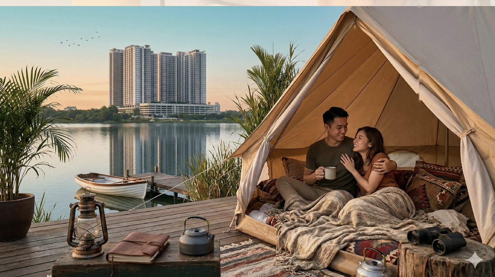 A couple glamping in a bell tent on the lakeside deck at sunset