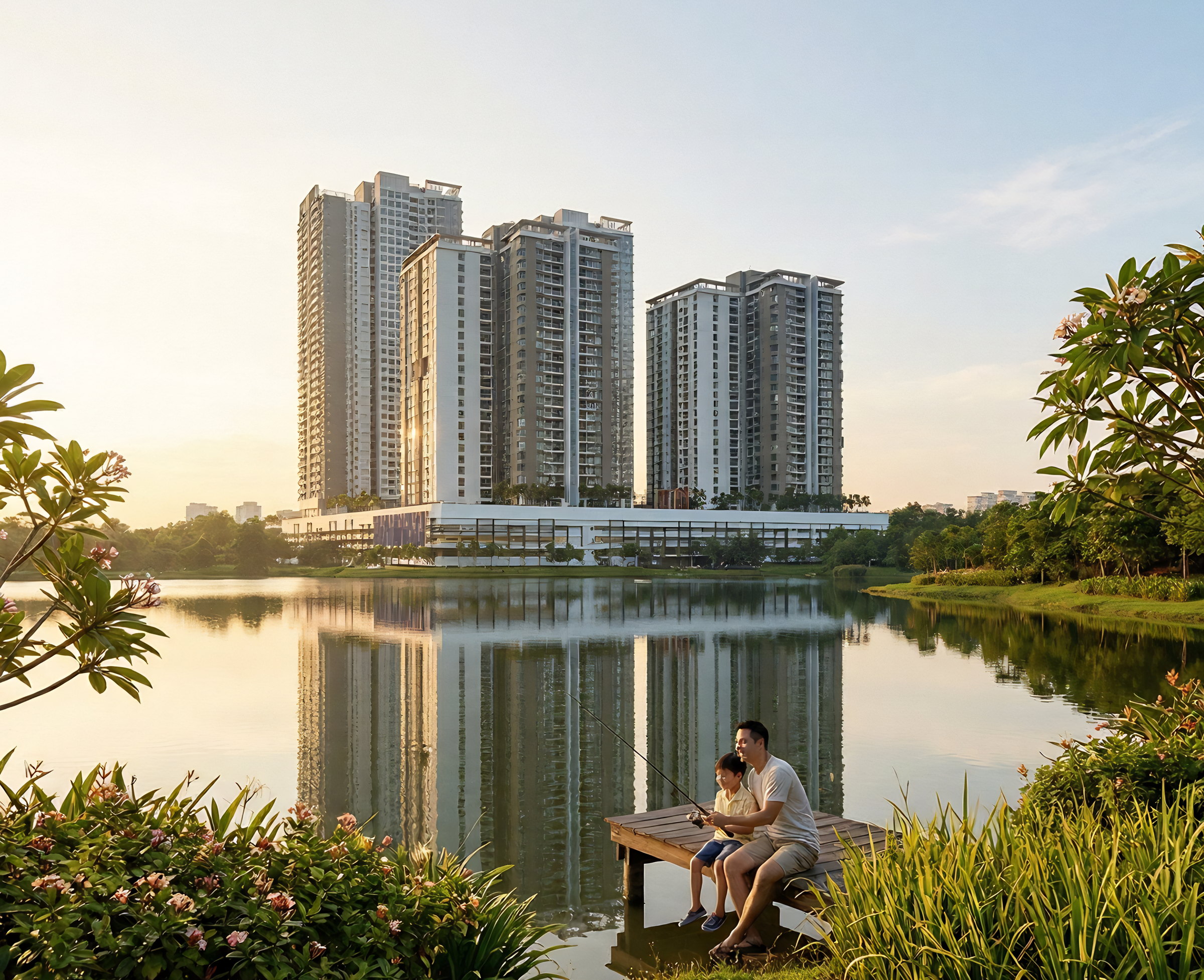 Astra2 towers reflected in The Lakeside at sunrise, with a father and child fishing from a dock