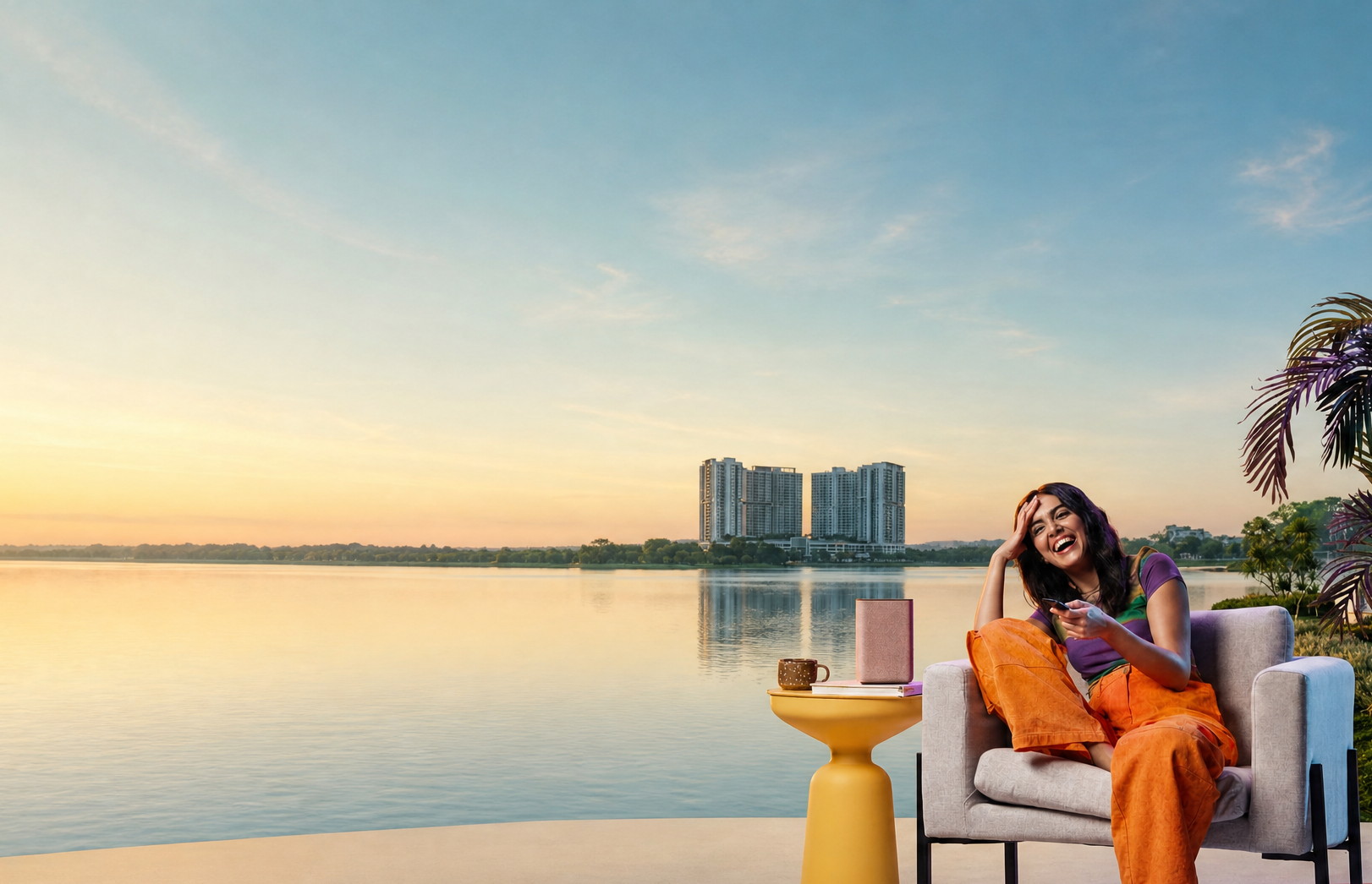 A resident relaxing lakeside at sunrise with the Astra towers across the water
