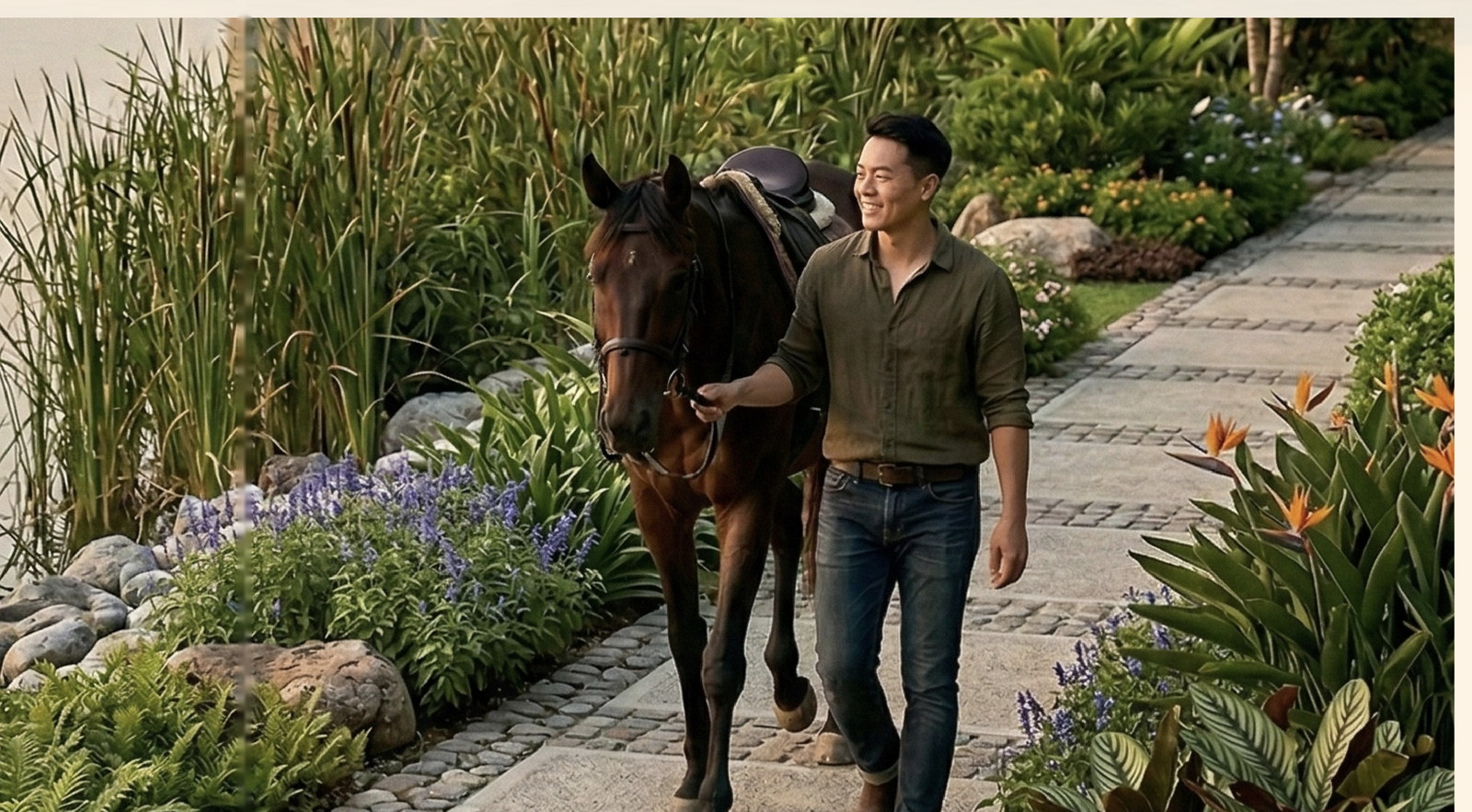 A resident walking a horse along a landscaped lakeside path