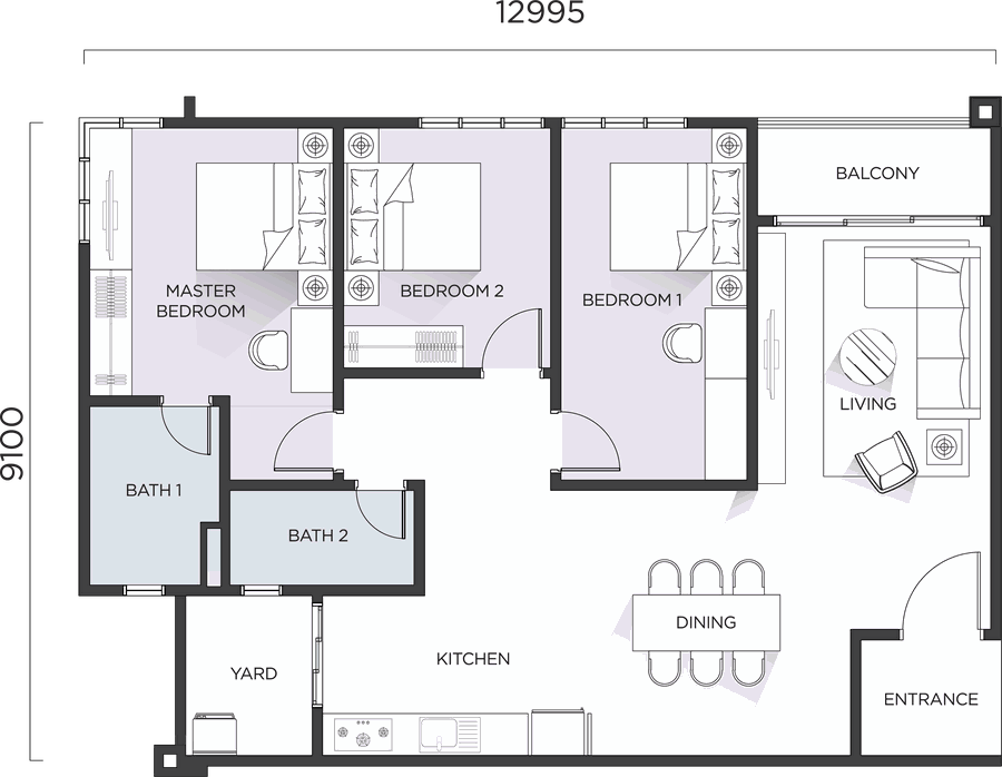 Type C1 floor plan: master bedroom, bedroom 1, bedroom 2, two bathrooms, living, dining, kitchen, yard and balcony. 12995 mm by 9100 mm