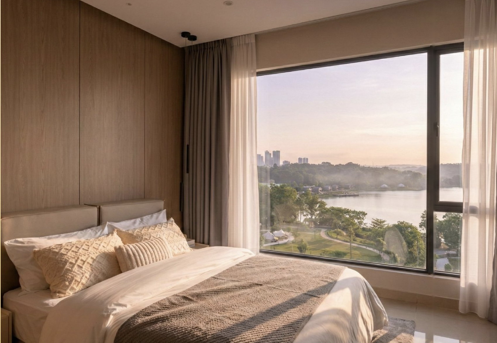 Type C1 bedroom with a full-height window overlooking the lake