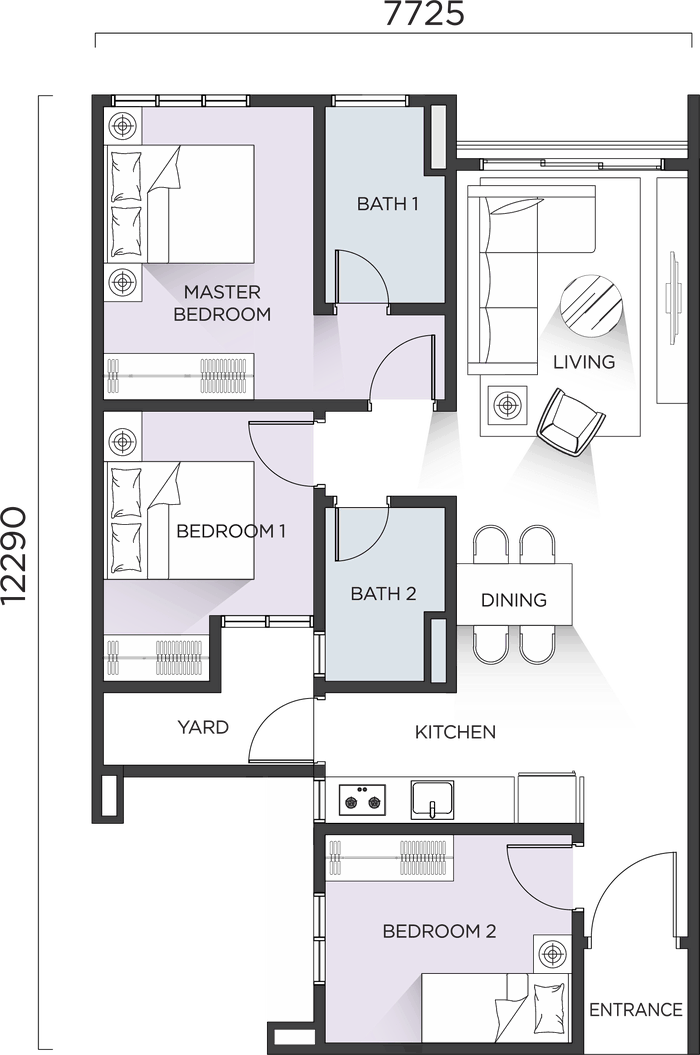 Type D floor plan: master bedroom, bedroom 1, bedroom 2, two bathrooms, living, dining, kitchen and yard. 7725 mm by 12290 mm