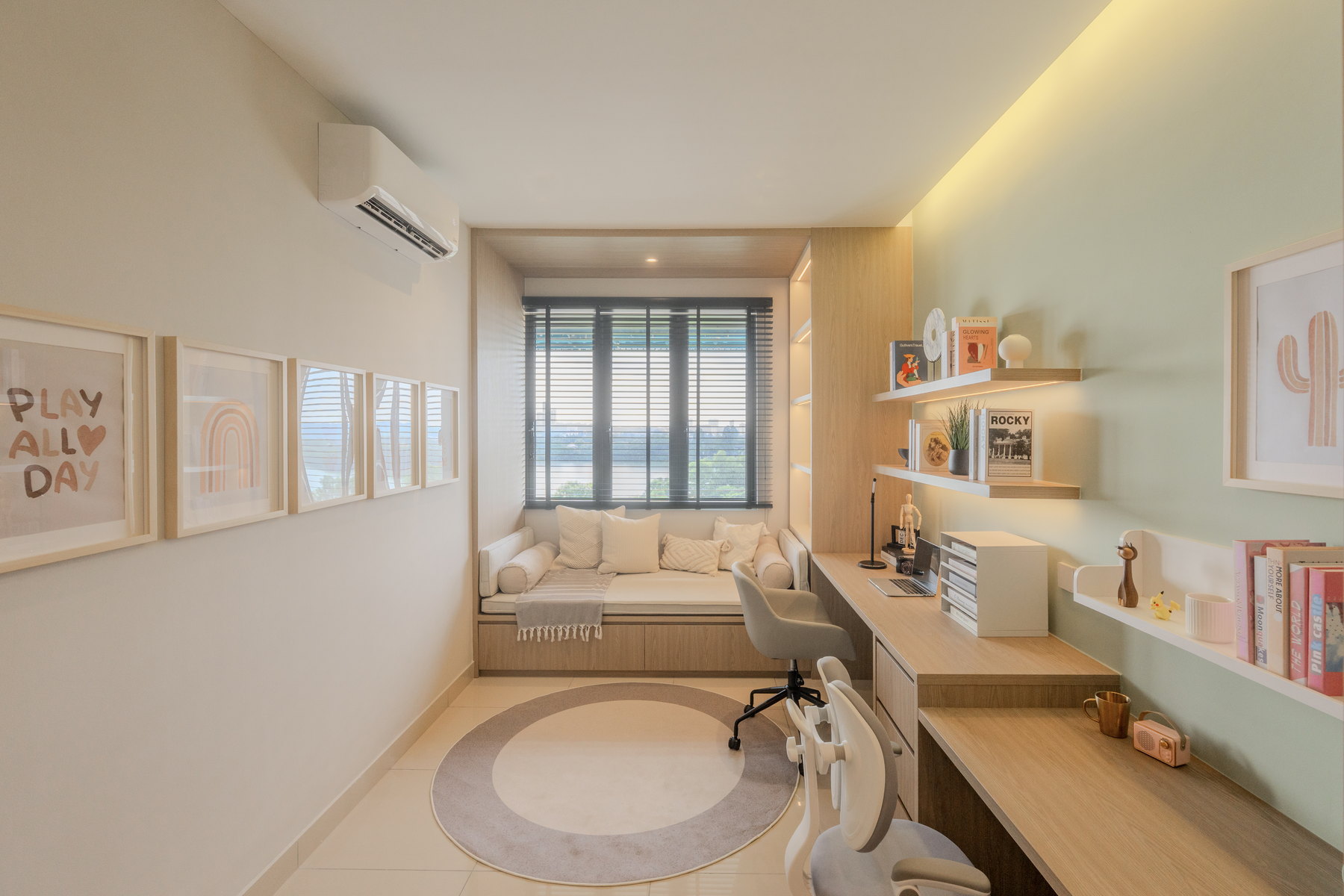 Type E study nook with a window seat and built-in desk